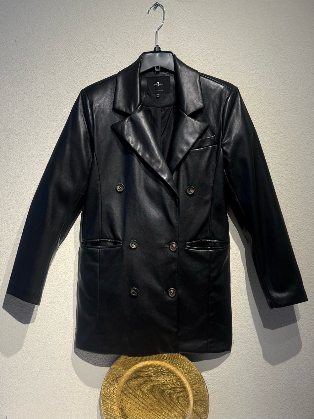 7 For All Mankind Black Double-Breasted Faux Leather Blazer—NEW